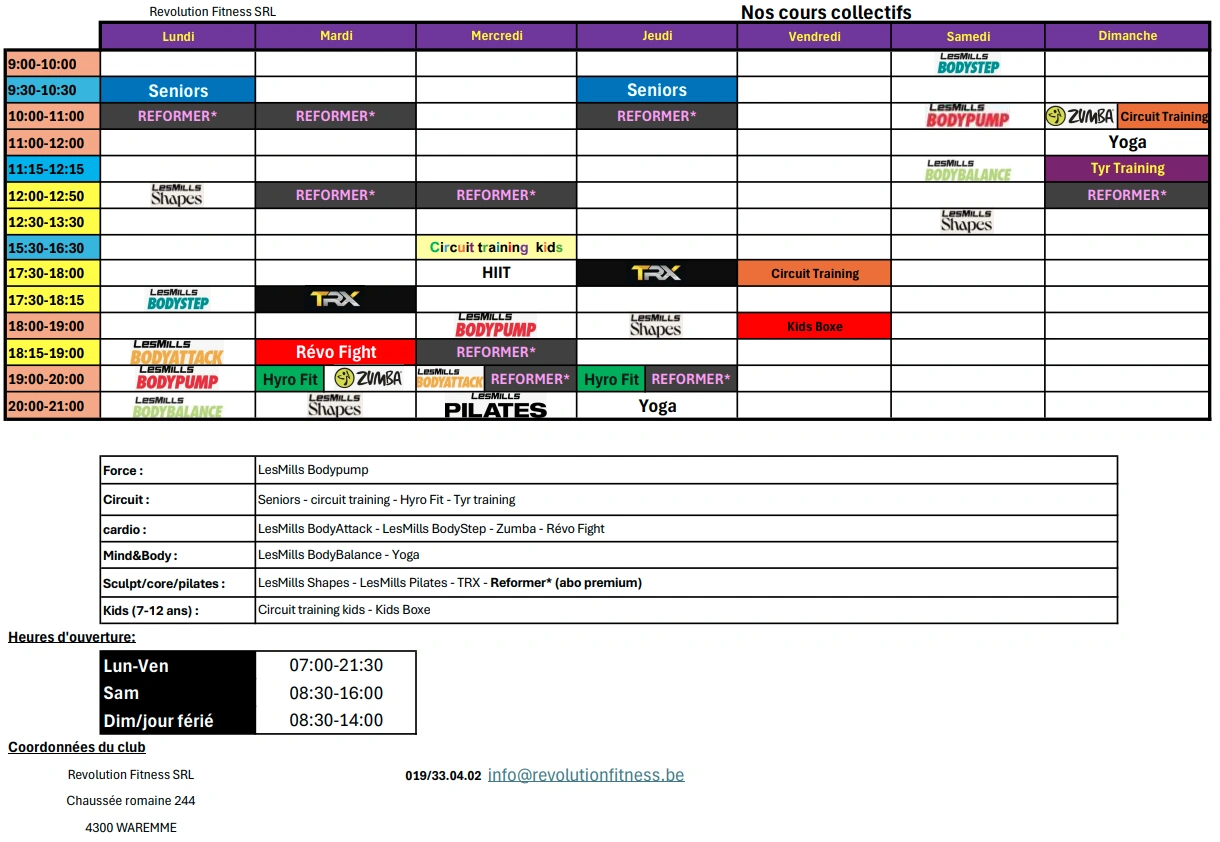 Revolution Fitness : Grille horaire 2026-10 Revolution Fitness : Grille horaire 2026-10